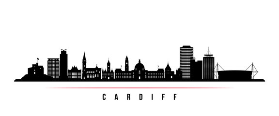 Cardiff skyline horizontal banner. Black and white silhouette of Cardiff, Wales. Vector template for your design. - 513691544