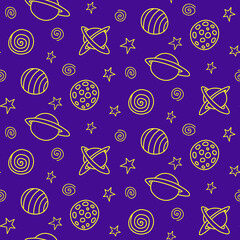 Baby space seamless pattern. Cartoon outline planets and stars. Vector cosmic background and texture. For kids design, fabric, wrapping paper, wallpaper, textile, apparel © Iuliia