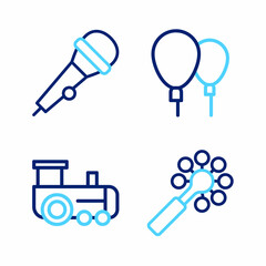 Set line Rattle baby toy, Toy train, Balloons and Microphone icon. Vector