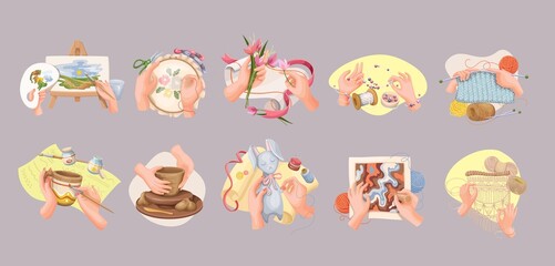 Cartoon isolated hands of artist make handmade pottery, bead bracelet and toy, knit with wool thread and paint on easel, create decoration