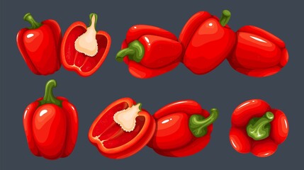 Red paprika set vector illustration. Cartoon isolated whole sweet bell peppers and paprika cut in half, collection of juicy vegetables in different angles, fresh and vitamin veggie food ingredient