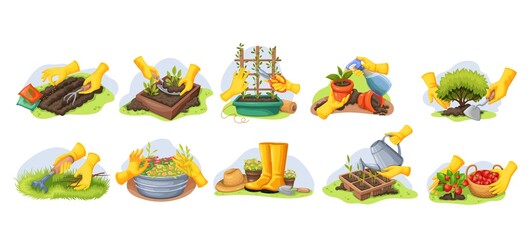 Gardeners hands in rubber gloves work in garden isolated set vector illustration. Cartoon farmer working with rake, fork, shovel and secateurs, growing plants and vegetables with gardening tools