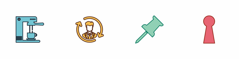 Set Coffee machine and cup, Human resources, Push pin and Keyhole icon. Vector