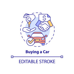 Buying car concept icon. Life skill abstract idea thin line illustration. Purchasing vehicle. Car dealership. Auto loan. Isolated outline drawing. Editable stroke. Arial, Myriad Pro-Bold fonts used