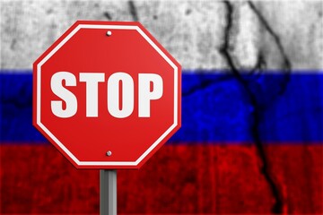 Stop the war concept. Stop sign on Russian Federation flag. Flag of Russia. Stone flag texture.
