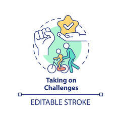 Taking on challenges concept icon. Life skill for children abstract idea thin line illustration. Overcome obstacles. Isolated outline drawing. Editable stroke. Arial, Myriad Pro-Bold fonts used