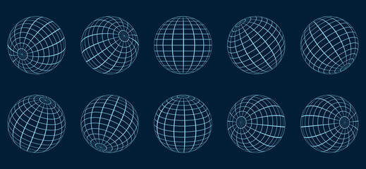 Globe Grid Sphere Set. 3D Wire Global Earth Latitude, Longitude. Geometric Grid Globe. Round Grid Mesh Ball. Wired Line 3D Planet Globe. Wireframe Globe Surface. Isolated Vector Illustration