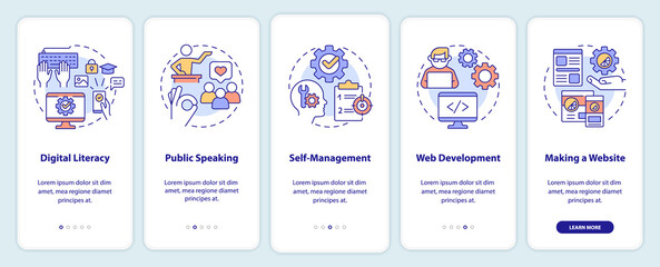 Important competencies onboarding mobile app screen. Profession walkthrough 5 steps editable graphic instructions with linear concepts. UI, UX, GUI template. Myriad Pro-Bold, Regular fonts used - obrazy, fototapety, plakaty