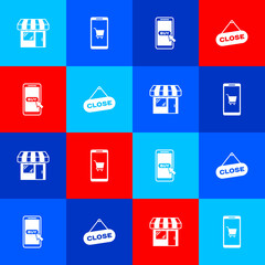 Set Market store, Mobile and shopping cart, and Hanging sign with Close icon. Vector