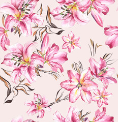 Bright Textile Feminine Watercolor Botanical Floral Painted Fashion Stylish Decorative Pattern Fabric Wallpaper Tile Seamless with pink lily flowers.