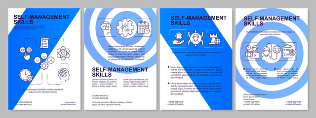 Skills of self-management blue brochure template. Efficiency. Leaflet design with linear icons. Editable 4 vector layouts for presentation, annual reports. Arial, Myriad Pro-Regular fonts used