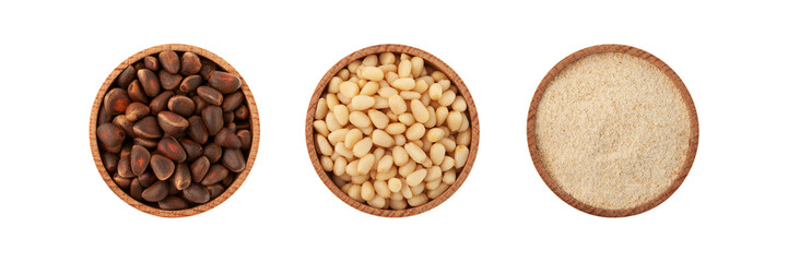 Unpeeled Cedar nuts. Whole Pine kernel nuts. Pine Kernel Flour on white background, Top view. Design element. Healthy eating. Natural organic food