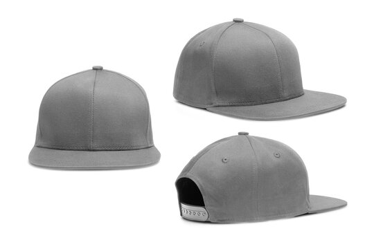 Blank baseball snapback cap mockup isolated on white background.Front, side and back view. 3d rendering.