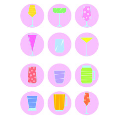 Cocktail icon set. Isolated icons of alcohol drink in flat design. Colorful cocktails icon. Drink alcohol glasses collection. Logo for website, bar, restaurant, menu. Vector illustration