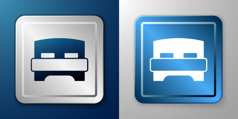 White Big bed for two or one person icon isolated on blue and grey background. Silver and blue square button. Vector