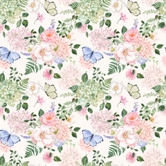 Elegant floral seamless pattern. Abstract botanical print. Watercolor blush pink flowers and green leaves on a creme beige background.