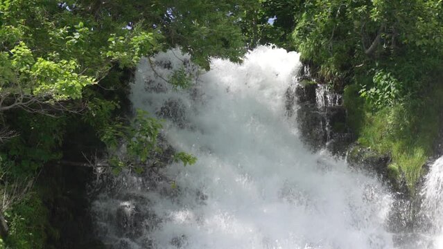 Hokkaido,Japan - June 22, 2022: Slow motion of stream at Oshinkoshin waterfall at Shiretoko, Hokkaido, Japan
