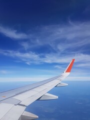 Airplane flies in the blue sky