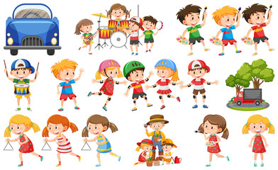 Set of cute kids and objects