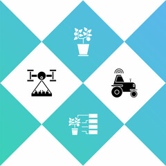 Set Smart farm with drone, Flower analysis, Plant in pot and Wireless tractor smart icon. Vector