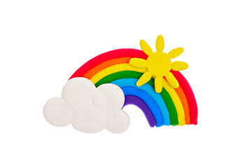 plasticine rainbow, cloud, sun, rays on white background, isolate, plasticine creativity, children's hobbies, natural phenomenon - obrazy, fototapety, plakaty