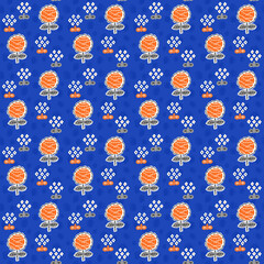 手描きのキュートな花柄　シームレスパターン／青×オレンジ