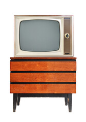 An old television set isolated on a white background stands on a vintage bedside table from the 1960s,1980s,1970s.