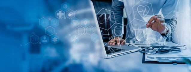 Medicine doctor using digital healthcare and network connection on hologram modern virtual screen interface icons, Medical technology futuristic concept.