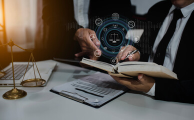 Concepts of Law and Legal services. Lawyer working with law interface icons.