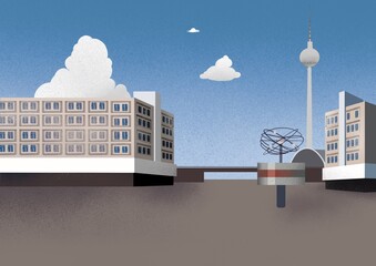 Berlin. Alexanderplatz. Fernsehturm. Wolcke. Blau ruhig, große Stadt leer © Hanna