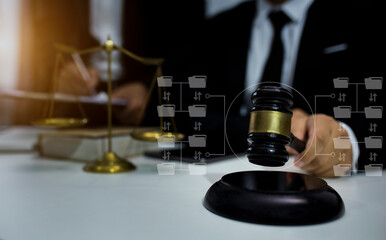 Concepts of Law and Legal services. Lawyer working with law interface icons.