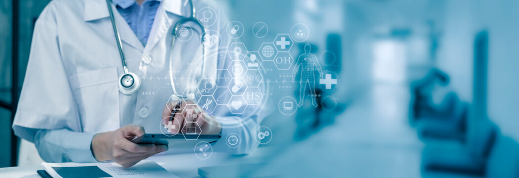 Medicine doctor using digital healthcare and network connection on hologram modern virtual screen interface icons, Medical technology futuristic concept.