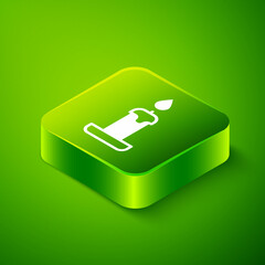 Isometric Burning candle in candlestick icon isolated on green background. Cylindrical candle stick with burning flame. Green square button. Vector