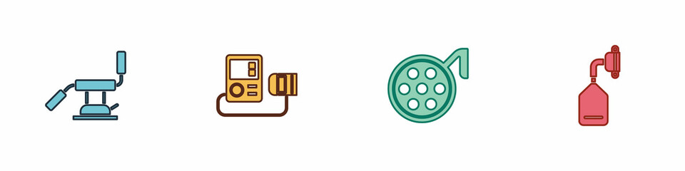 Set Medical dental chair, Blood pressure, Surgery lamp and oxygen mask icon. Vector
