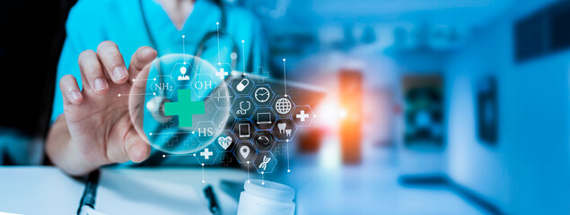 Medicine doctor using digital healthcare and network connection on hologram modern virtual screen...