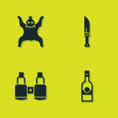 Set Bear skin, Bottle of vodka, Binoculars and Hunter knife icon. Vector