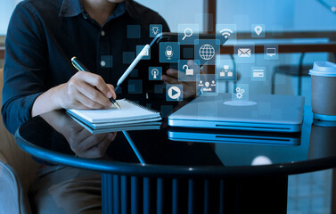 Business people hands working on network and digital finance marketing chart with future technology innovation and digital transformation concept.