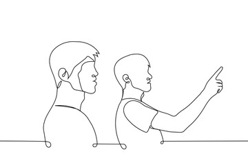 man points his finger and the second one looks in the indicated direction - one line drawing vector. concept indicate direction, observe, concentrate, focus, pay attention