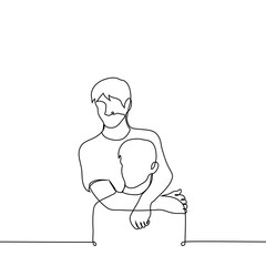 standing man hugging sitting friend from behind - one line drawing vector. concept male friendship, skinship, family