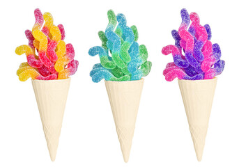 Selection of jelly worms ice cream on white