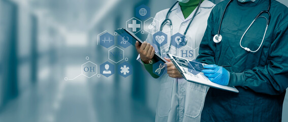 Medicine doctor working with digital healthcare and network connection on hologram modern virtual screen interface icons, Medical technology and healthcare concept.