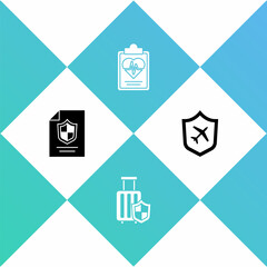 Set Contract with shield, Travel suitcase, Health insurance and Plane icon. Vector