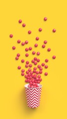 Red coated chocolate candies scattered out of the paper cup with red zigzag pattern on yellow background. 3d rendering.