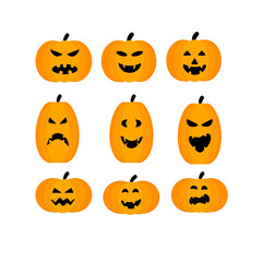 Set of orange cute Halloween funny faces pumpkins, cheerful Autumn holiday icon. Vector illustration graphics on white background.