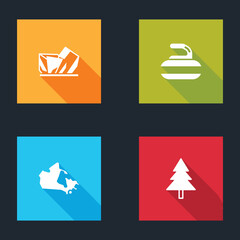 Set Royal Ontario museum, Stone for curling, Canada map and Christmas tree icon. Vector