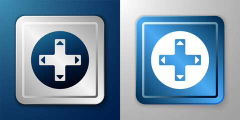 Fototapeta premium White Game controller or joystick for game console icon isolated on blue and grey background. Silver and blue square button. Vector