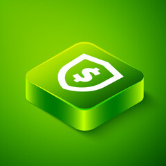 Isometric Shield with dollar symbol icon isolated on green background. Security shield protection. Money security concept. Green square button. Vector