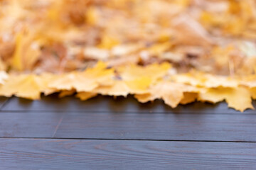 Empty wooden table nature bokeh background with autumn yellow maple leaf boarder Template mock up for display of product Copy space