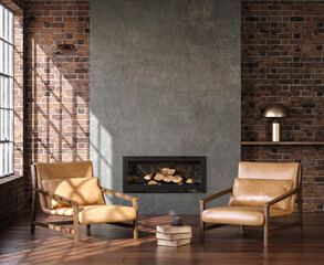 Fototapeta premium Living room loft in industrial style, 3d render