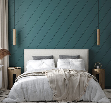 Modern bedroom interior background, blank wall mockup, 3d render